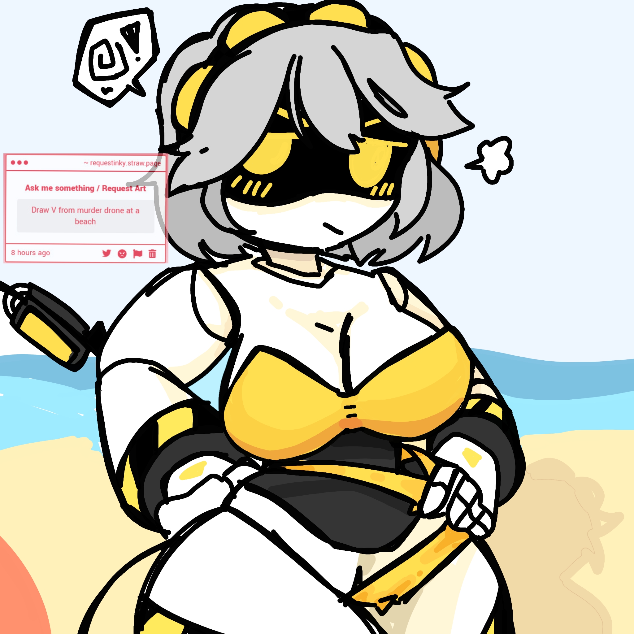 beach, beach background, bikini, breasts, breasts out, female, female only, mad face, murder drones, orange bikini, panties, request, robot girl, thick thighs, thighs, v (murder drones), vagina, white body, yellow eyes