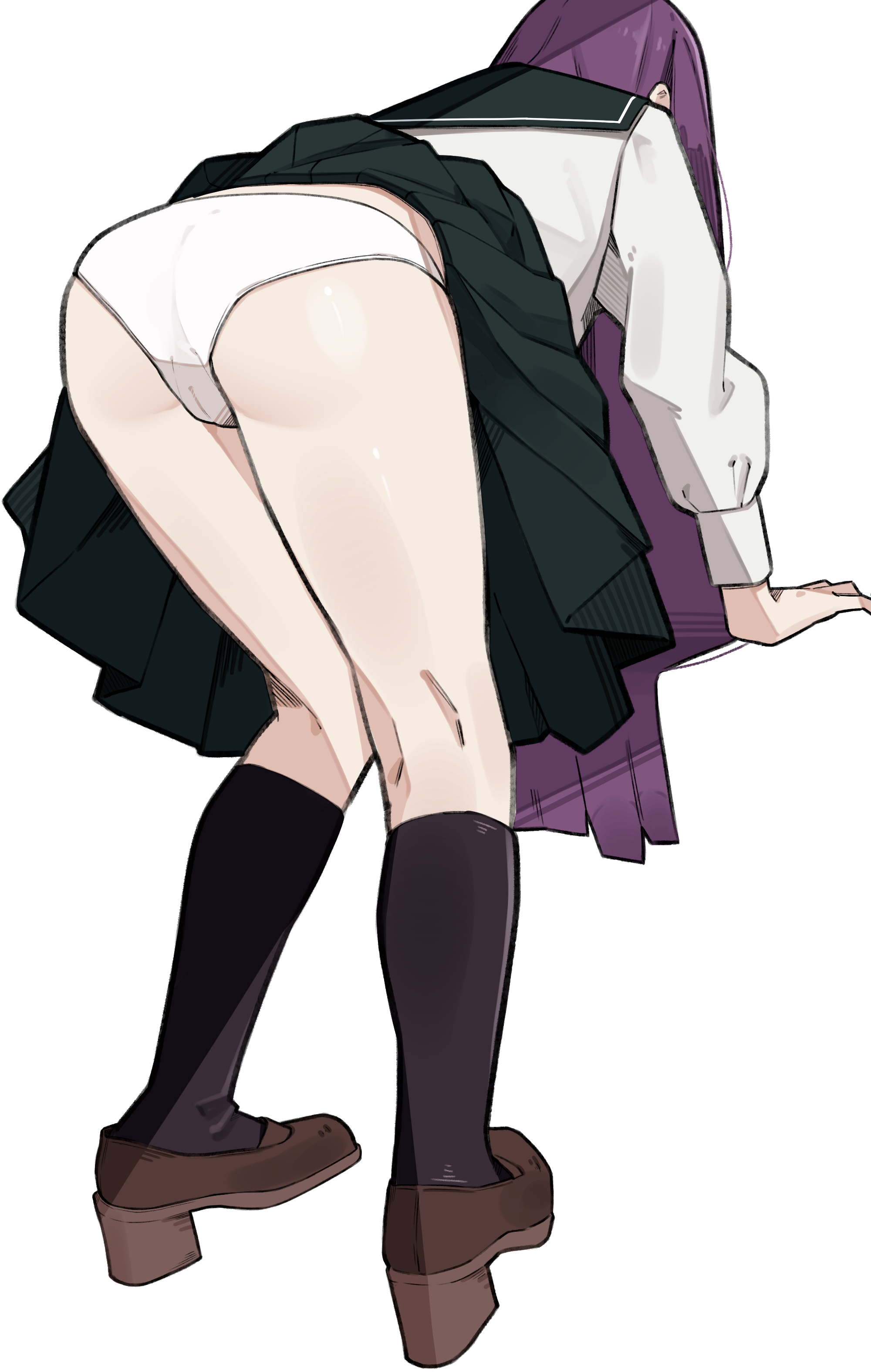1girl, ass, bent over, cameltoe, female, fern (sousou no frieren), full body, large ass, panties, sattinittas, school uniform, serafuku, solo, sousou no frieren, upskirt