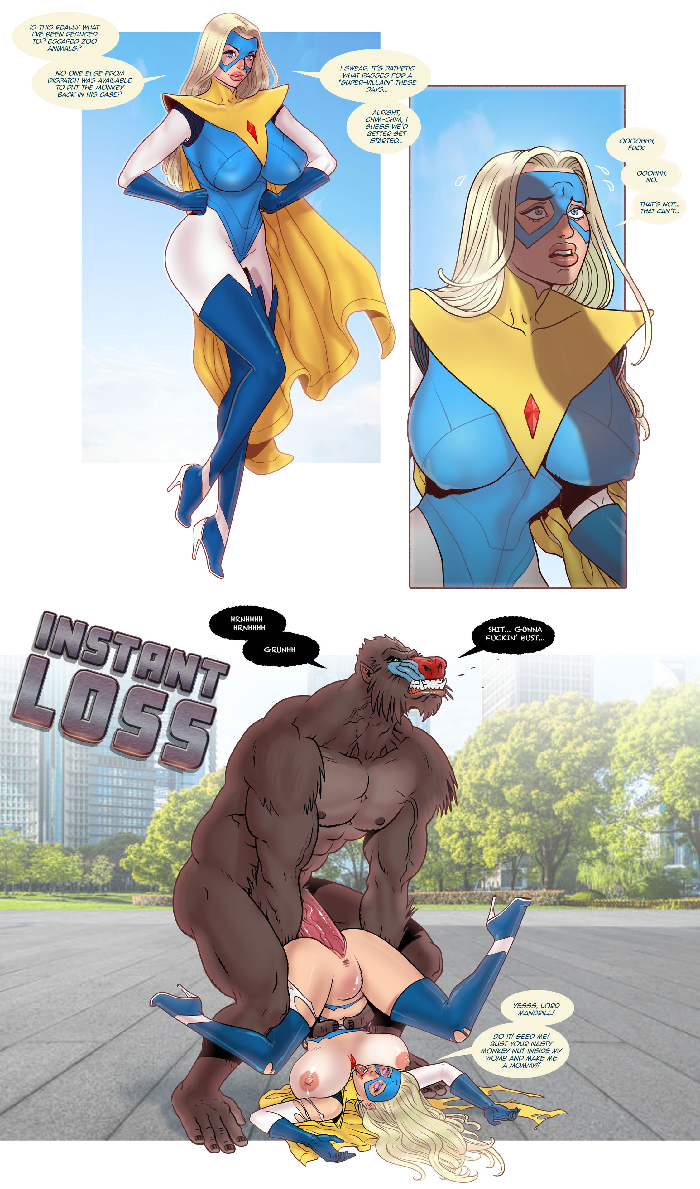 1boy, 1girls, 2026, 2d, ahe gao, anthro, anthro on female, anthro on human, anthro penetrating, ape, areolae, big breasts, big penis, blonde blazer, blonde female, blonde hair, blue eyes, brainwashing, broken rape victim, cock shock, confident female, crossover, defeat, defeat rape, defeat sex, defeated, defeated heroine, defeated superheroine, dialogue, dispatch (game), female, femsub, huge breasts, huge cock, human, hypnosis, impregnation request, impregnation risk, instant loss, instant loss 2koma, interspecies, interspecies sex, large insertion, light skin, light-skinned female, male, male penetrating, male penetrating female, male/female, maledom, mandrill, mandrill (marvel), mandy (dispatch), marvel, marvel comics, mind control, monkey, nipples, pegasus (artist), penis awe, penis shadow, piledriver position, rape, raped, sex, simian, stomach bulge, submissive, submissive female, superhero costume, superheroine, text, text bubble, torn clothes, vaginal penetration, vaginal sex