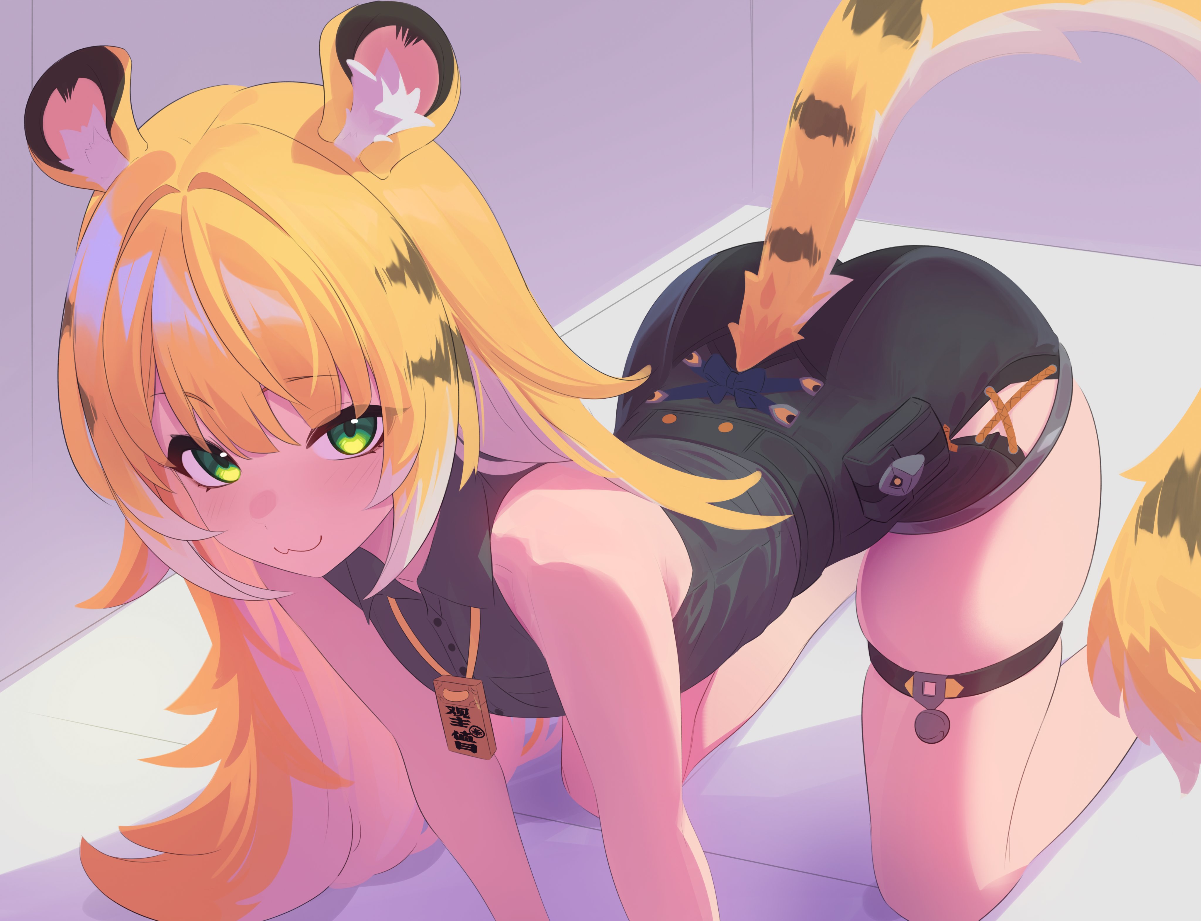 1girls, absurdres, all fours, animal ears, anonds31, belt, black shorts, blonde hair, blush, breasts, collared shirt, colored inner hair, commentary, english commentary, female, female only, green eyes, grey shirt, high-waist shorts, highres, ju fufu, long hair, looking at viewer, multicolored hair, shirt, shorts, sleeveless, sleeveless shirt, small breasts, smile, solo, striped hair, tail, thigh strap, thighs, tiger ears, tiger girl, tiger tail, white hair, zenless zone zero