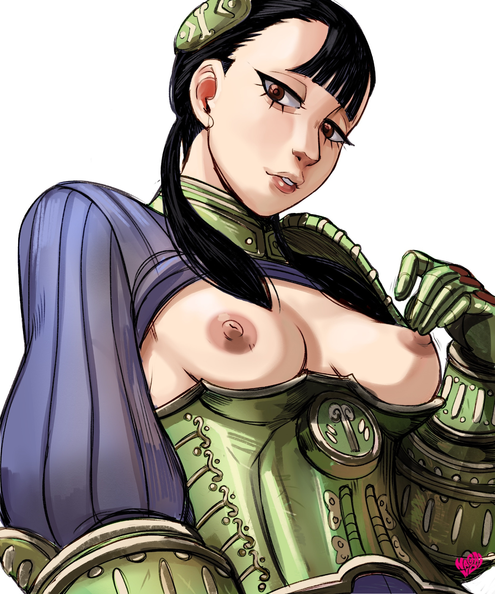 1girls, armor, armored, armored female, armored gloves, ashei, black hair, breasts, breasts out, female, gloves, looking at viewer, nagainosfw, nintendo, nipples, nude, nude female, red eyes, source, the legend of zelda, twilight princess
