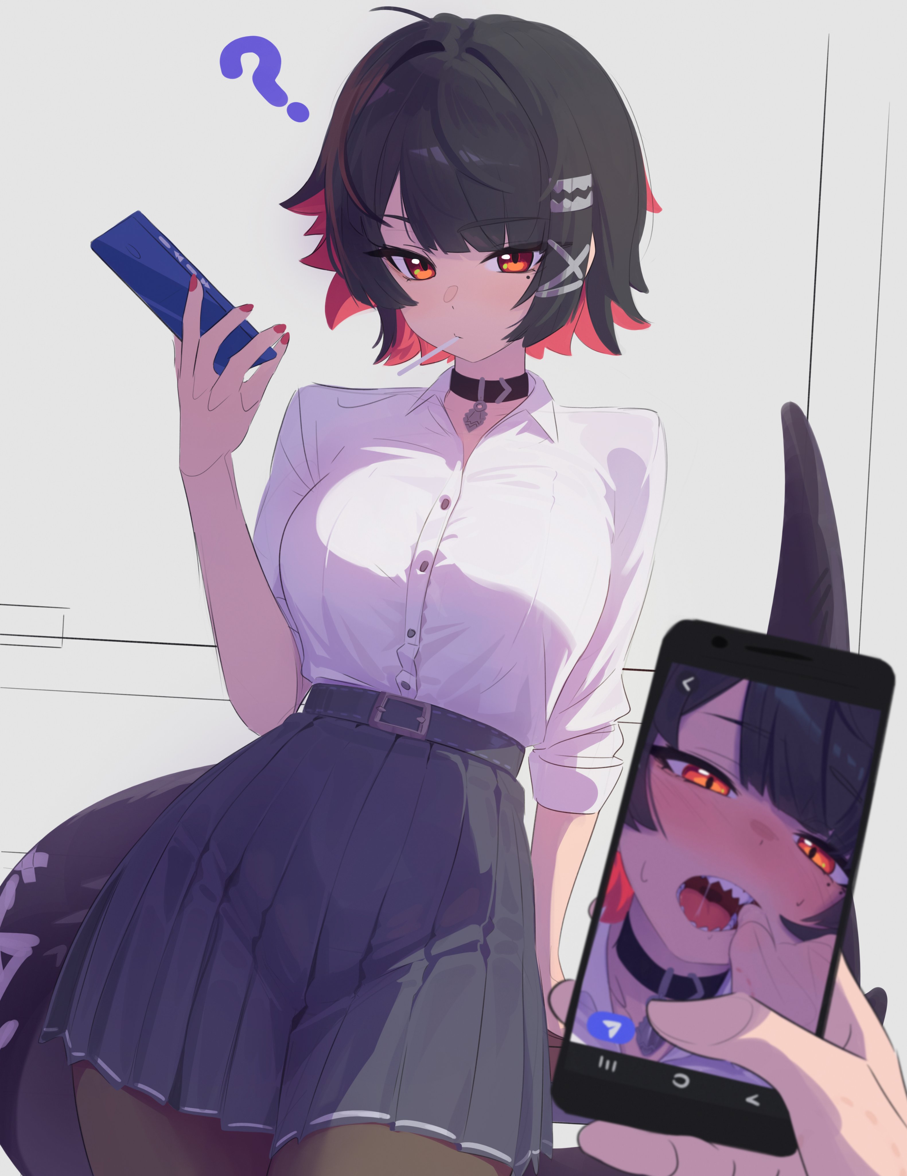 1girls, 1other, absurdres, anonds31, black choker, black hair, black pantyhose, black skirt, blush, choker, colored inner hair, colored nails, commentary, ellen joe, ellen joe (on campus), female, female only, finger in another's mouth, fins, fish tail, highres, holding, holding phone, lollipop in mouth, looking at viewer, mole, mole under eye, multicolored hair, painted nails, pantyhose, phone, pleated skirt, pov, razor blade hair ornament, red nails, shark girl, shark tail, sharp teeth, shirt, skirt, tail, teeth, white shirt, zenless zone zero
