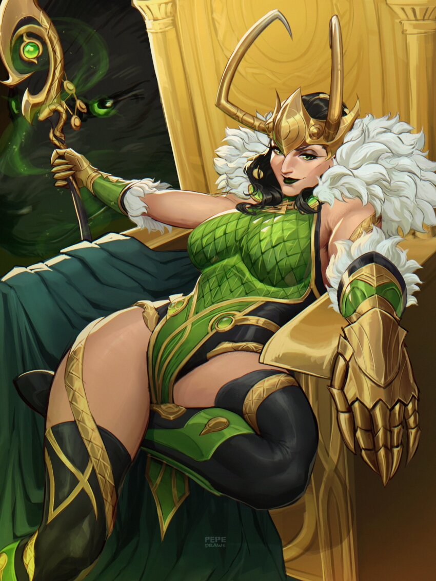 1girls, absurdres, armor, big breasts, black hair, breasts, cape, crown, female, female only, fur, gauntlets, goddess, gold jewelry, gold tiara, green eyes, green lipstick, highres, hips, hips wider than shoulders, horns, huge breasts, jewelry, lady loki, lady loki (marvel rivals), legs spread, leotard, lipstick, long hair, looking at viewer, makeup, marvel, marvel rivals, pepedraws, queen, royalty, rule 63, sitting, smile, solo, staff, thick thighs, thighhighs, thighs, throne