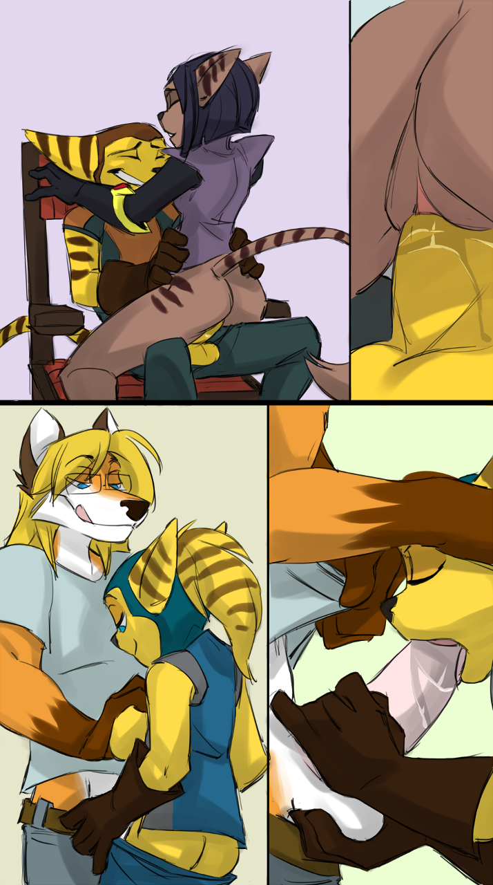 angela_cross_(ratchet_and_clank) anthro ball_grab balls beverage blush breasts canine cazar_(ratchet_and_clank) close-up comic diner drunk fellatio female fox furry grope jcfox kissing licking lombax_(ratchet_and_clank) male mammal oral penis ratchet_(ratchet_and_clank) ratchet_and_clank sasha_phyronix_(ratchet_and_clank) sex straight tongue tongue_out