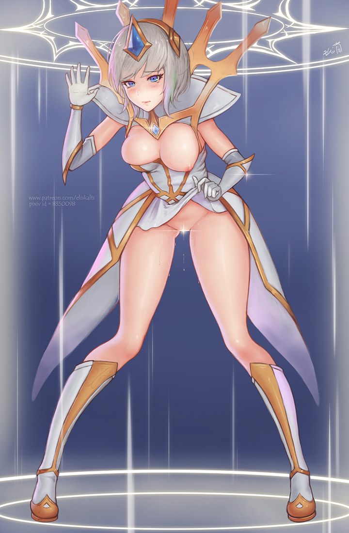 1girls birdcage blue_eyes blush boots breasts breasts_out caged cleavage clothing dripping elbow_gloves elementalist_lux eliskalti exposed_breasts female globes hairband in_container league_of_legends luxanna_crownguard nipple_slip nipples pussy pussy_juice shirt shirt_down short_hair silver_hair skirt skirt_lift spread_legs wet white_gloves wide_hips
