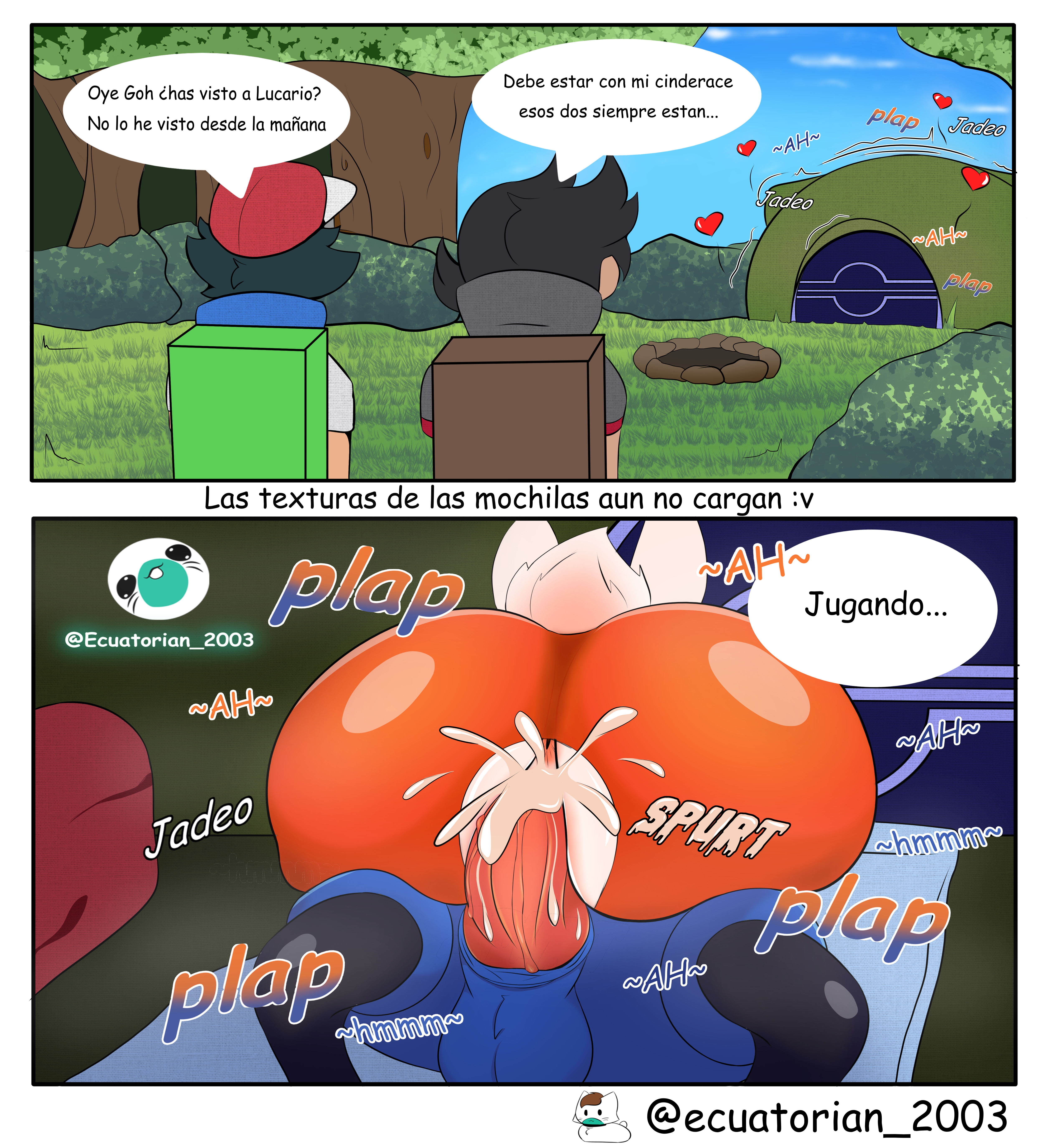 2boys, 2pokemon, balls, big ass, big penis, black hair, blue body, blue fur, bunny, canid, canine, cinderace, cum, cum in pussy, cum inside, cumming while penetrating, ecuatorian 2003, furry, goh (pokemon), impregnation, lucario, nintendo, pokemon, pokemon (species), pokemon journeys, rabbit, satoshi (pokemon), spanish text, tent, tent sex, thick ass, thick butt, translation request, vaginal penetration, white body, white fur