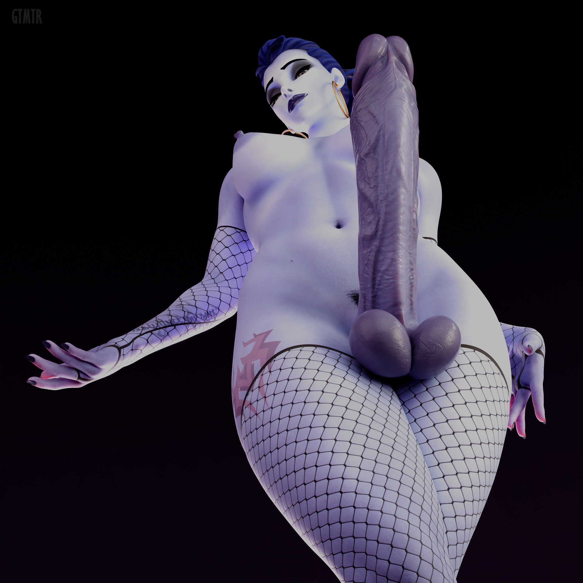 1futa, 3d, 3d (artwork), 3d model, 3d render, balls, ballsack, big penis, blue body, blue hair, blue skin, breasts, earrings, erect penis, erection, fishnets, focus on penis, futa only, futanari, gtmtr, hard penis, huge balls, huge cock, large penis, looking at viewer, low-angle view, nipples, nyl widowmaker, overwatch, overwatch 2, penis, ponytail, pose, posing, self upload, standing, stockings, tied hair, uncircumcised, widowmaker