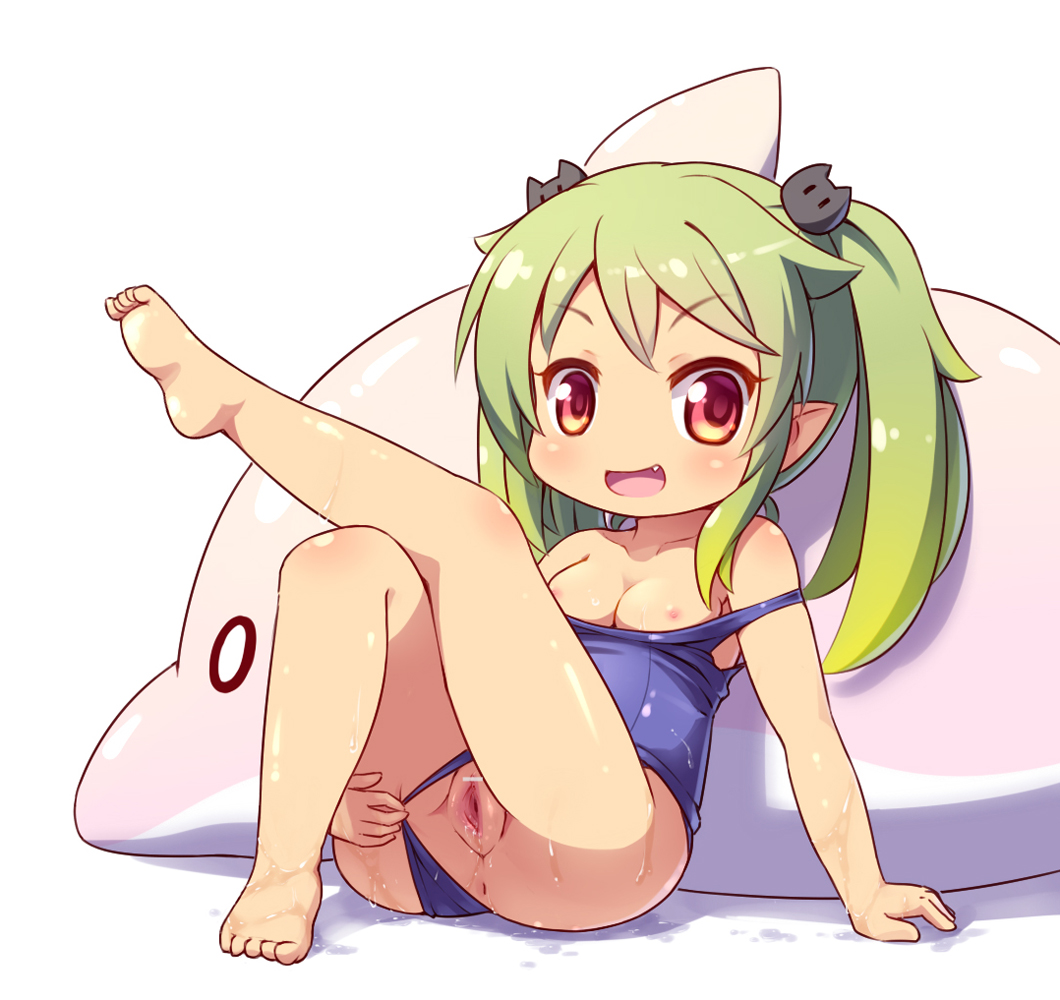 breasts censored chibi cute_fang female green_hair langbazi leg_up long_hair nipples original pointless_censoring pointy_ears red_eyes school_swimsuit solo swimsuit swimsuit_aside swimsuit_pull tied_hair twintails young