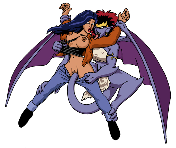 2girls blue_hair blue_skin calibos dark-skinned_female dark_blue_hair dark_hair dark_skin demona disney elisa_maza female female_only forced_yuri gargoyles long_hair multiple_girls nipples rape red_hair restrained tail tail_sex uncensored white_background yuri