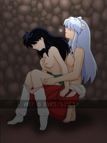 1boy 1girls ambiguous_activity animal_ears artist_request black_hair blush breast_grab breasts closed_eyes clothed clothes crouch crouching dog_ears female hand_on_breast inuyasha inuyasha_(character) kagome_higurashi leg_warmers long_hair loose_socks male necklace nipples panties_around_legs panties_down partially_undressed pink_panties schoolgirl sex sitting sitting_on_person skirt socks squat squatting topless undressed watermark white_hair white_socks