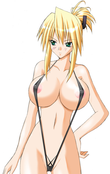 1girls areolae bare_shoulders blonde_hair blush breasts cleavage erect_nipples hand_on_hip huge_breasts legretta long_hair midriff monokini navel nipples ponytail pubic_hair regret swimsuit tales_of_(series) tales_of_the_abyss thigh_gap tied_hair white_background