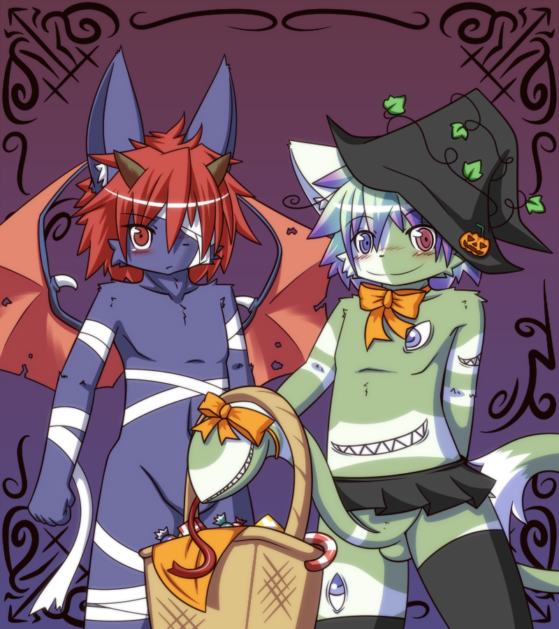 bat blush halloween hane hat heterochromia holidays horn kiwi_(character) looking_at_viewer male nude penis ribbons witch_hat