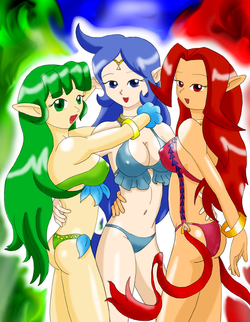 blue_hair din farore green_hair nayru nintendo oracle_of_ages oracle_of_seasons speeds straight_hair the_legend_of_zelda