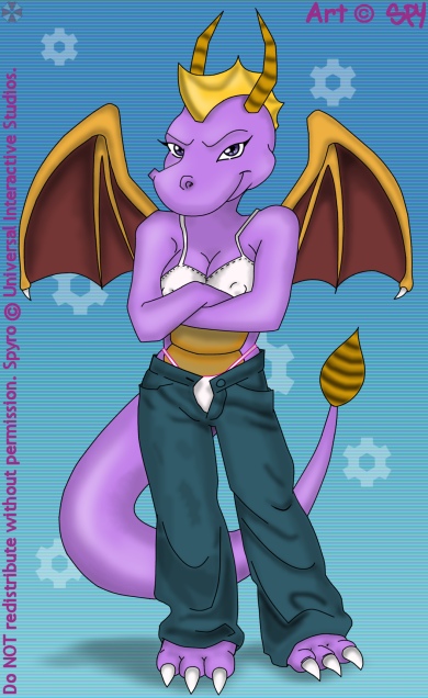 anthro breasts clothing color covered_breasts crossed_arms dragon female female_only front_view rule_63 solo spy_(artist) spyro spyro_the_dragon standing