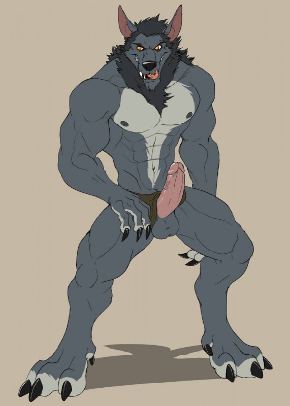 abs anthro arody biceps erection front_view fur furry loincloth male male_only muscles pecs penis solo standing testicles werewolf