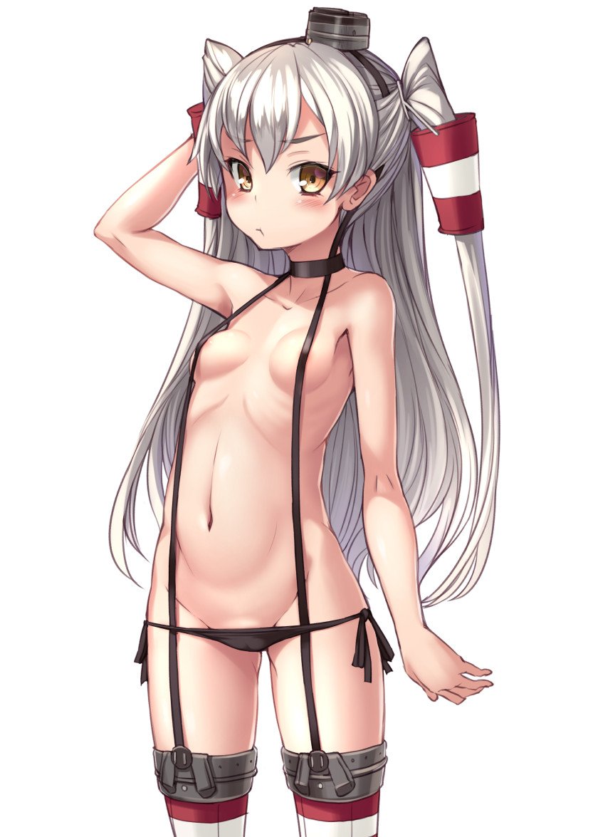 :<, amatsukaze (kantai collection), areolae, arm up, black panties, blush, bosshi, breasts, brown eyes, cameltoe, choker, female, garter straps, hair ornament, hat, kantai collection, long hair, lowleg, lowleg panties, mini hat, navel, panties, pussy, side-tie panties, silver hair, simple background, small breasts, solo, strap gap, suspenders, thighhighs, two side up, underwear, white background