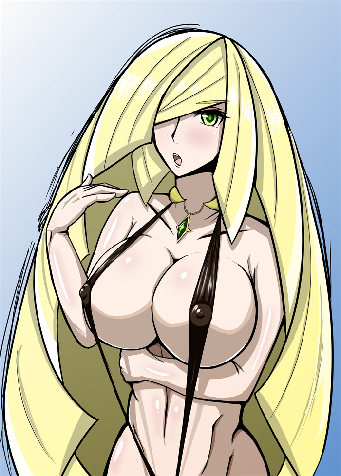 1girls aether_foundation bikini blonde_hair blue_background blush breasts cleavage erect_nipples eyelashes female green_eyes hair_over_one_eye human human_only jewelry kasuguy large_breasts long_hair looking_at_viewer lusamine_(pokemon) navel necklace nintendo nipples open_mouth pokemon pokemon_sm sideboob sling_bikini solo standing teeth tongue ya_ha_(pixiv12700346)