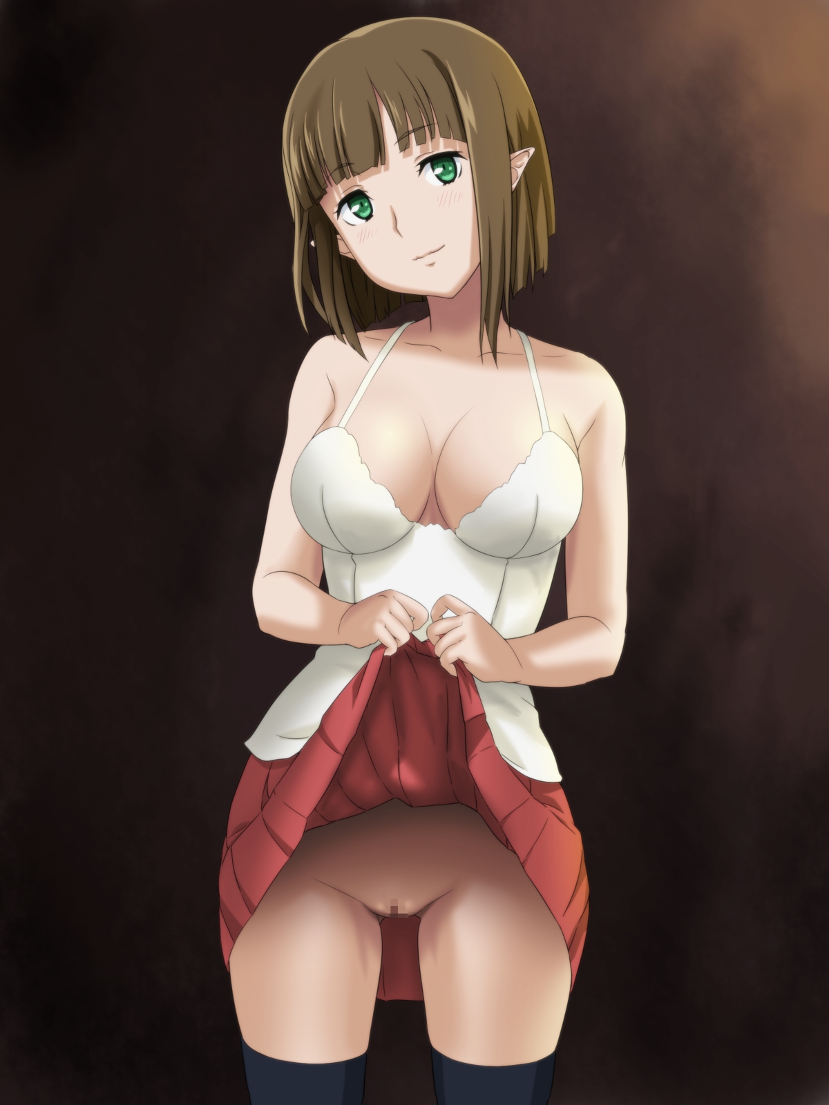 1girls, bare arms, bare shoulders, blush, bottomless, breasts, brown hair, censored, cleavage, cowboy shot, dungeon ni deai wo motomeru no wa machigatteiru darou ka, eina tulle, female, green eyes, highres, kotobuki hajime, legs, looking at viewer, mosaic censoring, mound of venus, no panties, pointy ears, pussy, red skirt, shaved pussy, short hair, simple background, skirt, skirt lift, sleeveless, smile, solo, standing, thighhighs, thighs, vagina