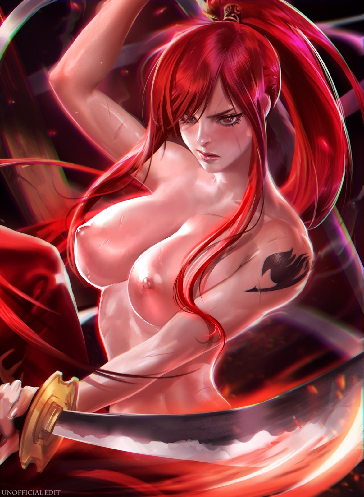 1girls, arm tattoo, bare shoulders, belly, blue tattoo, breasts, erza scarlet, fairy tail, fairy tail mark, female, katana, large breasts, long hair, nipples, ponytail, red eyes, red hair, red-haired female, solo, sword, tattoo, tied hair, topless, weapon
