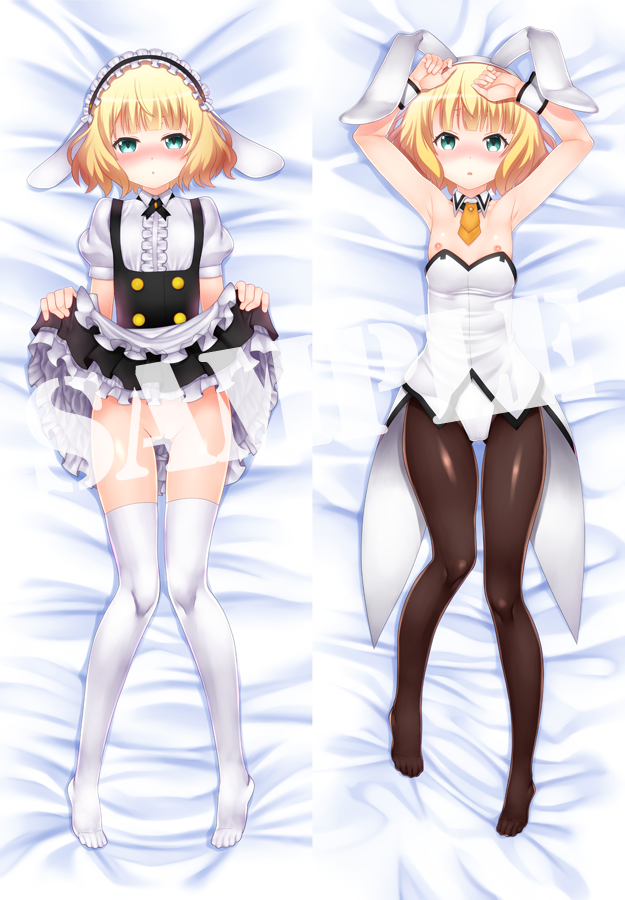 animal_ears apron armpits arms_up bare_shoulders bed_sheet black_legwear blonde_hair blush bunny_ears bunnysuit censored dakimakura detached_collar fake_animal_ears female flat_chest fleur_de_lapin_uniform frills gochuumon_wa_usagi_desu_ka? green_eyes hairband kirima_sharo leotard looking_at_viewer lying multiple_views nipples okina_ika on_back open_mouth pantyhose pussy sample short_hair solo thighhighs waitress white_legwear wrist_cuffs