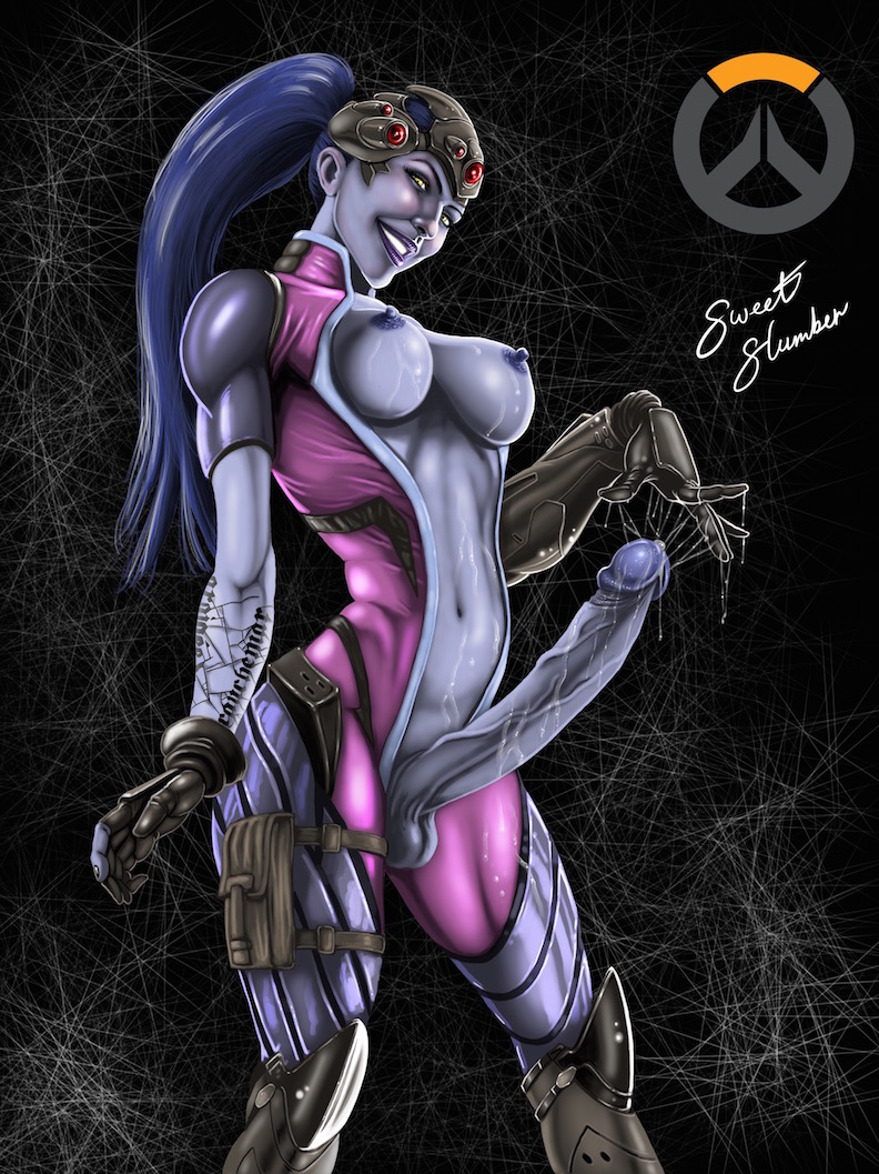 1futa areolae balls big_breasts big_penis blue_skin breasts cum erect_nipples erection functionally_nude futa_only futanari huge_cock hyper_penis intersex large_breasts large_penis long_penis looking_at_viewer nipples overwatch penis ponytail precum purple_hair purple_penis purple_skin solo sweet_slumber tattoo testicles tied_hair widowmaker yellow_eyes