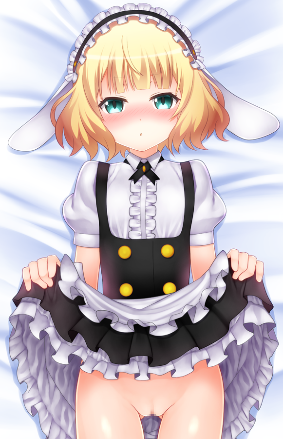 animal_ears apron bed_sheet blonde_hair blush bunny_ears censored dakimakura fake_animal_ears female fleur_de_lapin_uniform frills gochuumon_wa_usagi_desu_ka? green_eyes hairband kirima_sharo looking_at_viewer lying okina_ika on_back open_mouth pussy short_hair solo waitress