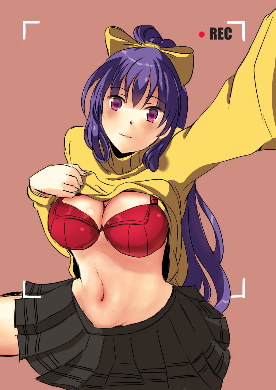 1girls blazblue blazblue_remix_heart blue_hair blush bow bra breasts canon_genderswap cleavage clothes_lift colored colorfag female female_only genderswap genderswap_(mtf) hairbow highres honyaa~ human large_breasts long_hair looking_at_viewer mai_natsume midriff navel pink_background pleated_skirt ponytail purple_eyes recording red_bra ribbon rule_63 self_shot skirt smile solo sweater sweater_lift text tied_hair turtleneck underwear very_long_hair yellow_bow