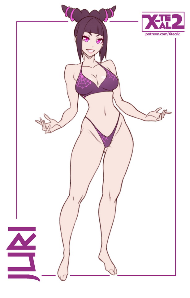 bangs, barefoot, bikini, black hair, breasts, capcom, character name, cleavage, drill hair, feet, female, female only, full body, human, juri han, large breasts, pink eyes, purple bikini, sidelocks, smile, solo, street fighter, street fighter iv, toes, twin drills, x-teal