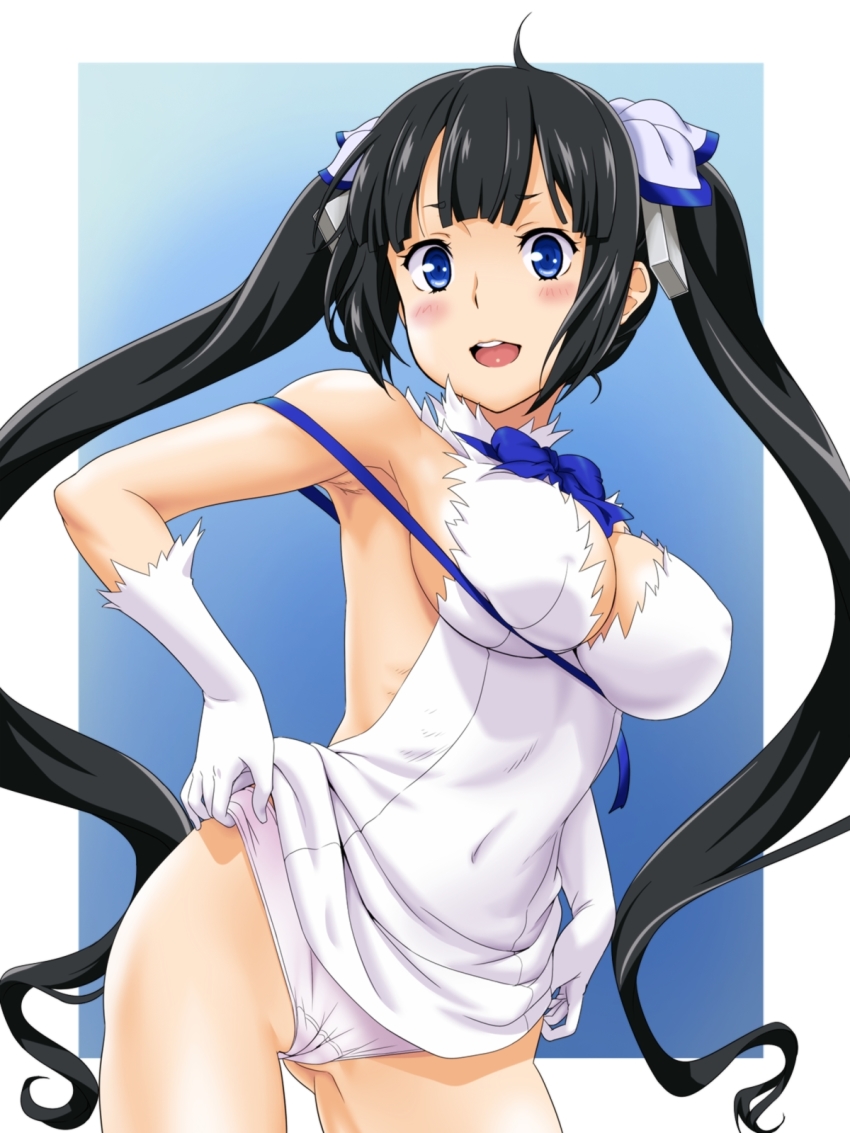 adjusting panties, armpits, bare shoulders, black hair, blue eyes, blush, breasts, cameltoe, cleavage, covered navel, cowboy shot, dress, dungeon ni deai wo motomeru no wa machigatteiru darou ka, erect nipples, female, gloves, hair ribbon, hestia (danmachi), kotobuki hajime, large breasts, legs, long hair, long twintails, looking at viewer, nipples, open mouth, panties, puffy nipples, pussy, ribbon, simple background, sleeveless, solo, standing, thighs, tied hair, twintails, underwear, white dress, white gloves, white panties