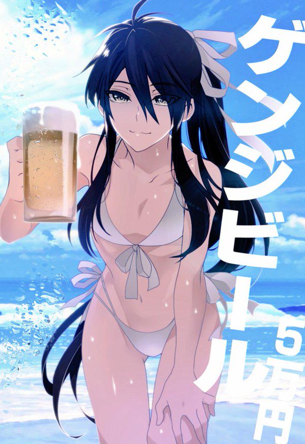 1boy arched_back beer beer_mug bikini black_hair crossdressing drifters femboy girly long_hair male_only nasu_no_yoichi panties ponytail tagme trap