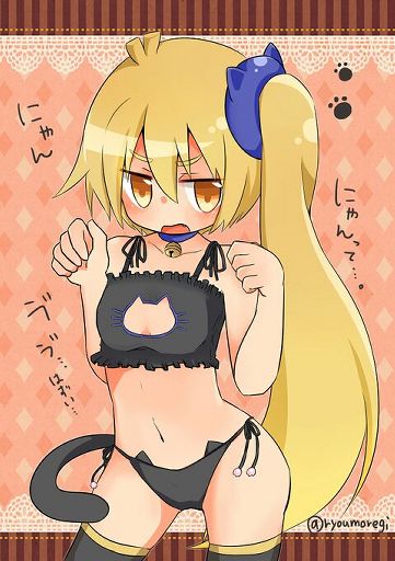 akita neru, amber eyes, bell, bell collar, blonde hair, blue hair, blush, breasts, cat cutout, cat ears, cat keyhole bra, cat lingerie, choker, cleavage, cleavage cutout, collar, cowboy shot, embarrassed, fanloid, female, headset, jingle bell, long hair, looking at viewer, navel, open mouth, panties, ponytail, shy, side-tie panties, smile, solo, tied hair, tsundere, underwear, underwear only, vocaloid