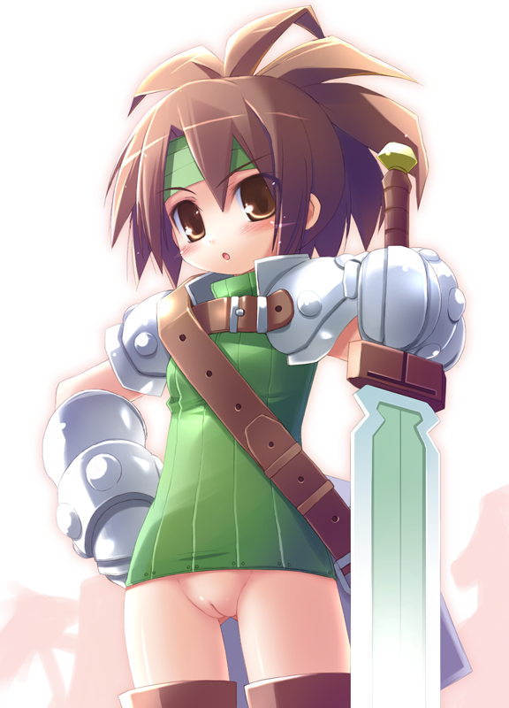 :o armor belt blush bottomless brown_eyes brown_hair character_request copyright_request female gauntlets haga_yui headband innie_pussy looking_at_viewer open_mouth pauldrons ponytail pussy ribbed_sweater sleeveless sleeveless_turtleneck solo sweater sword tied_hair turtleneck uncensored weapon