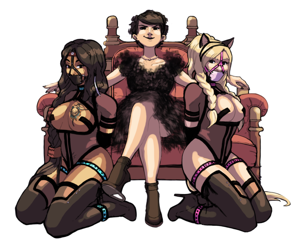 3girls arms_behind_back blonde_hair bondage boots brunette collar female female_only femdom femsub fff gag heartgear lezdom lezsub multiple_girls multiple_subs throne yuri