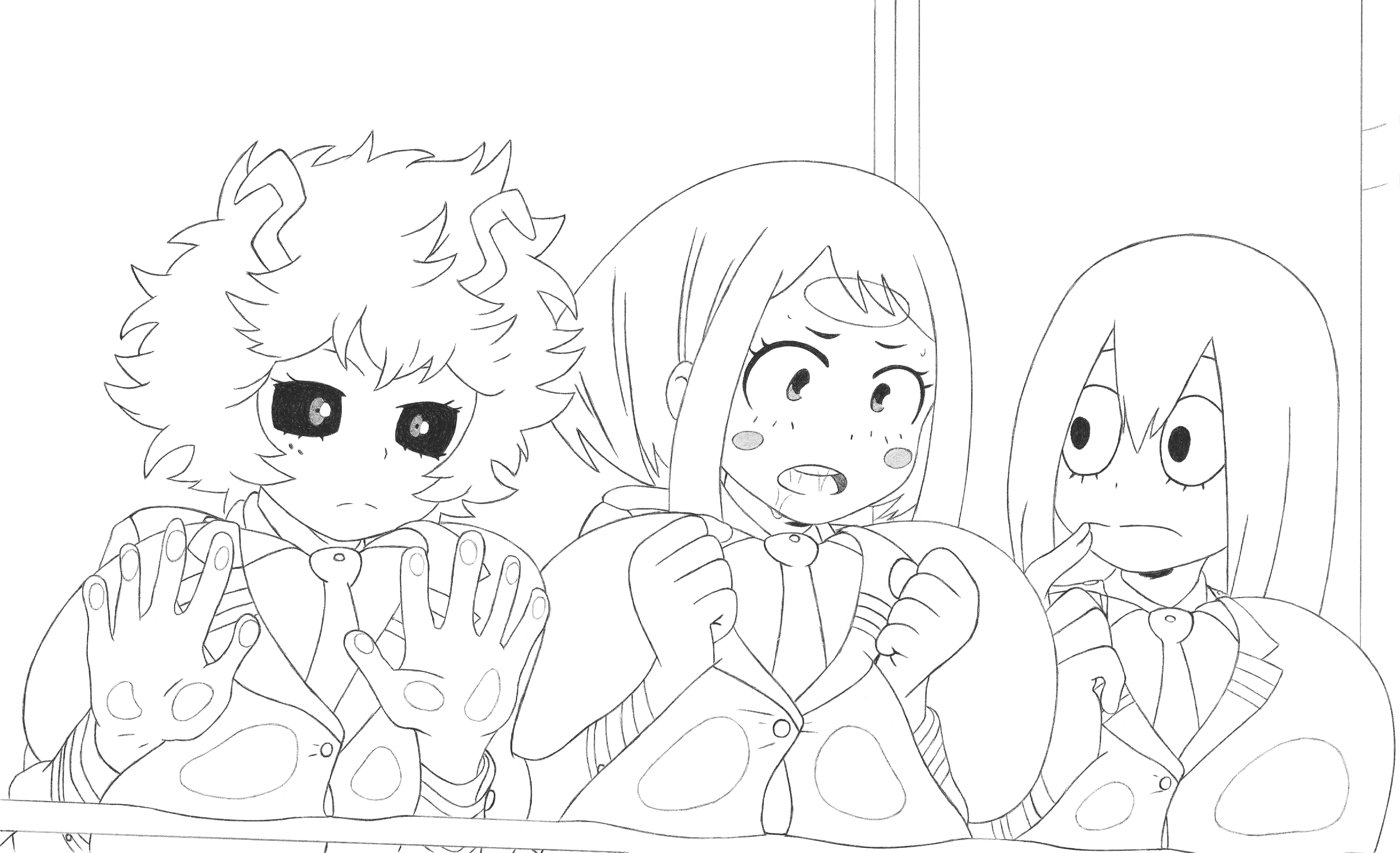 3girls, against glass, bananarama (artist), big breasts, black sclera, breast expansion, breast growth, breast growth (enlargement), breasts, busty, drooling, female, huge breasts, line art, mina ashido, my hero academia, ochako uraraka, school uniform, screenshot edit, teenager, tsuyu asui