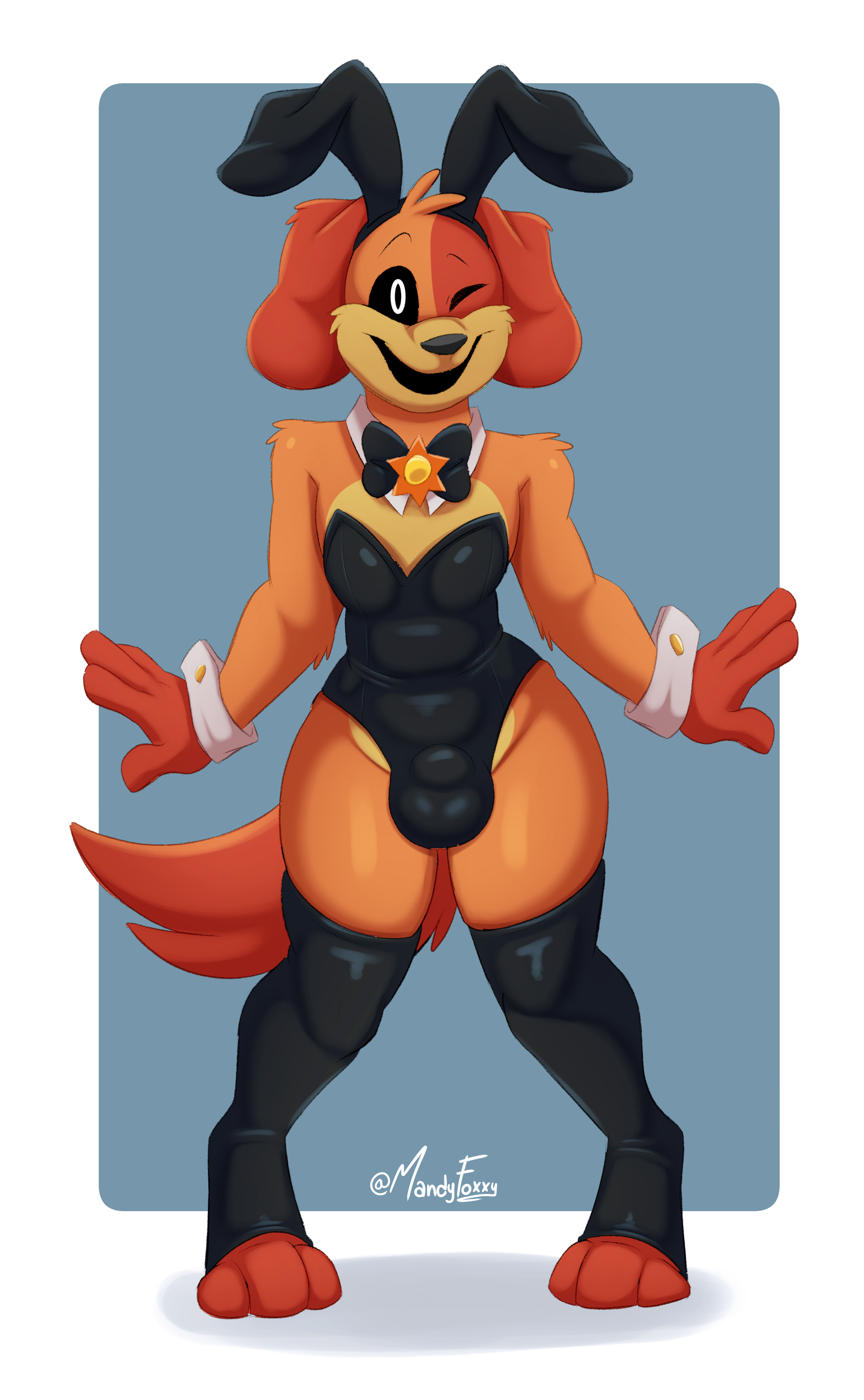 3 toes, 4 fingers, absurd res, anthro, balls outline, biped, bulge, bunny costume, canid, canine, canis, clothing, costume, critters (poppy playtime), detailed bulge, dogday (poppy playtime), domestic dog, feet, femboy, fingers, footwear, fur, genital outline, hi res, knock-kneed, male, male anthro, mammal, mandyfoxy, mob entertainment, no humans, one eye closed, orange body, orange fur, poppy playtime, smile, smiling critters, solo, standing, toeless footwear, toeless legwear, toes, wink