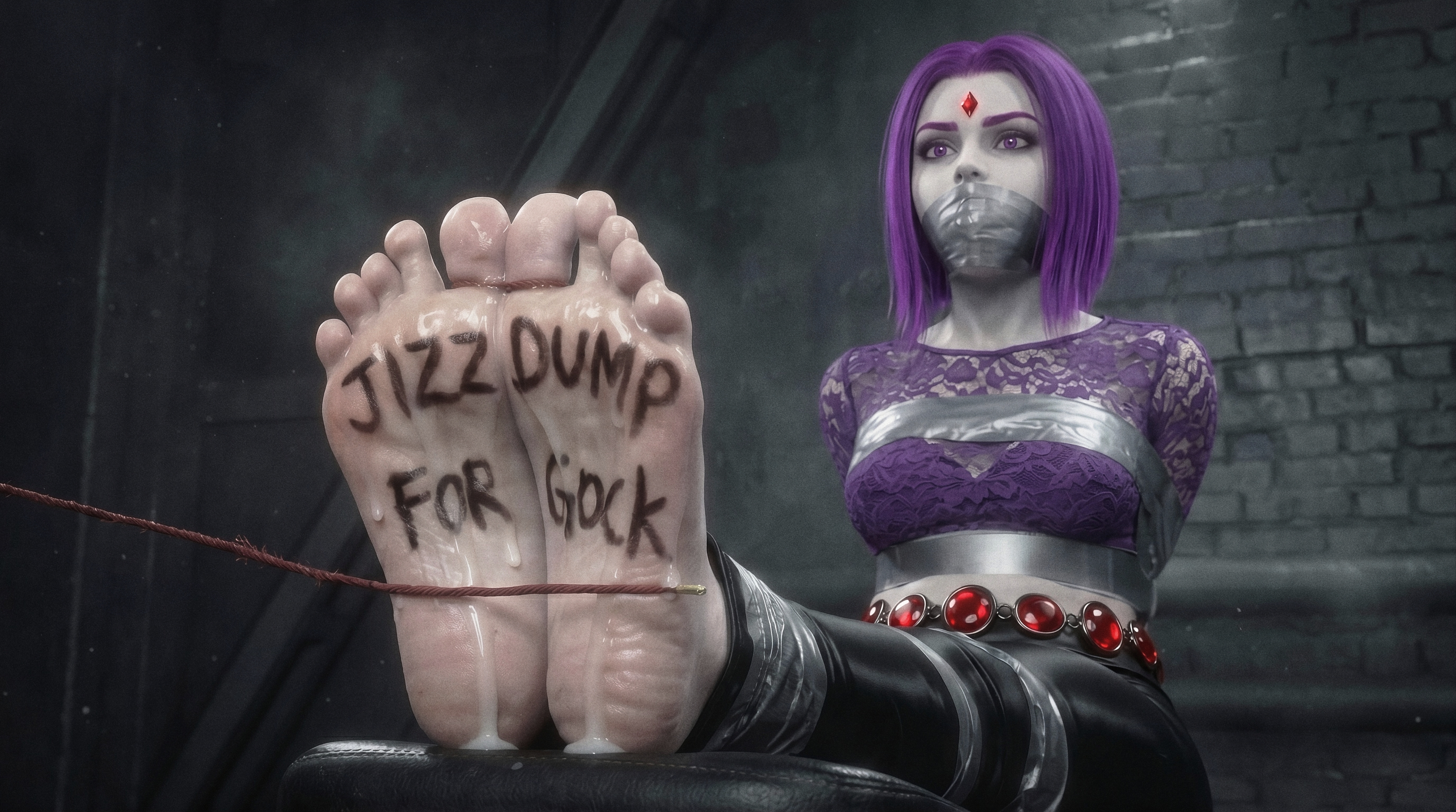 1girls, 3d, 3d (artwork), 3d background, 3d model, 3d render, 3dcg, abducted, absurd res, absurdres, after footjob, ai, ai art, ai assisted, ai generated, arms behind back, bad end, bad ending, bare feet, barefoot, belt, body writing, bondage, bra visible through clothes, breasts, bukkake, captive, captured, captured heroine, crop top, cum, cum between toes, cum drip, cum on feet, cum on soles, cum on toes, cum trail, cumdrip, cumdump, cumdumpster, damsel in distress, dc, dc comics, defeated, defeated heroine, degradation, degradation kink, degradation text, degraded, degrading, demon girl, duct tape, duct tape gag, erotic, eyeliner, feet, feet fetish, feet focus, female, female focus, female only, femsub, fetish, foot fetish, foot focus, forced, gem on forehead, goth, goth girl, half demon, helpless, heroine, hi res, high quality, high resolution, highres, hostage, jewel on forehead, jewelry, kidnapped, kinky, leggings, long sleeves, looking at camera, looking at captor, looking at viewer, makeup, pale skin, pale-skinned female, pants, peril, permanent bondage, purple hair, rachel roth, rape, raped, raped female, raven (dc), restrained, semen, sexy, shiny, shiny body, shiny skin, shirt, short hair, slave, slave girl, soles, soles fetish, solo, sperm, straightened hair, submissive, submissive female, superheroine, tagme, tape, tape bondage, tape gag, tape gagged, taped mouth, teen titans, text, thick thighs, thighs, tied toes, tight clothing, toes, toes fetish, toes tied, vulnerable, writing on body, writing on skin, writing on soles