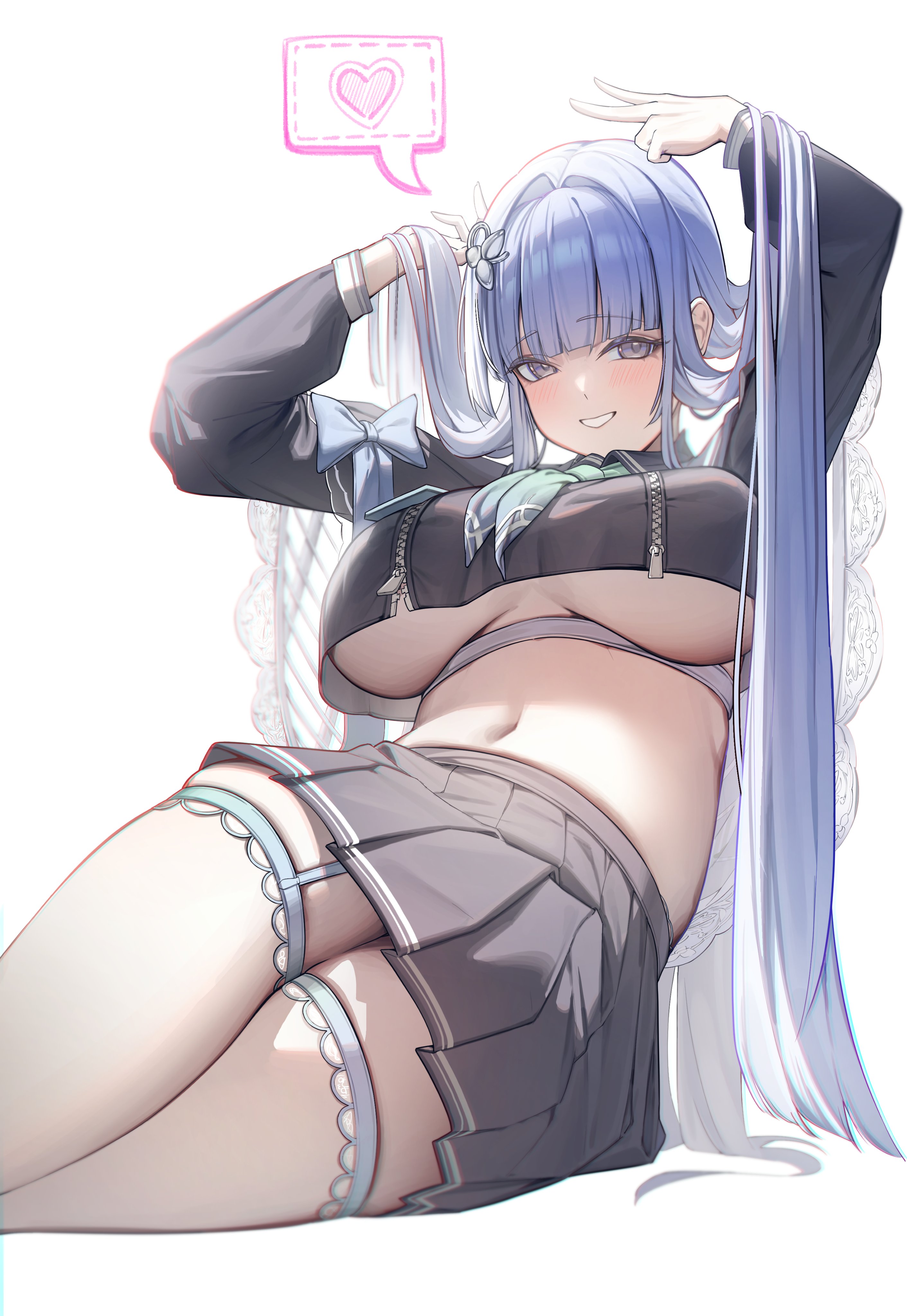 absurdres, arcana (fortune mate) (nikke), arcana (nikke), black sailor collar, black serafuku, blush, breast zipper, breasts, commentary request, cropped shirt, female, goddess of victory: nikke, gradient neckerchief, handkerchief, heart, highres, ko uniii, long sleeves, looking at viewer, multicolored neckerchief, neckerchief, official alternate costume, pleated skirt, sailor collar, school uniform, serafuku, shawl, simple background, skirt, solo, speech bubble, thick thighs, thighhighs, thighs, underboob, white background, white shawl, zipper