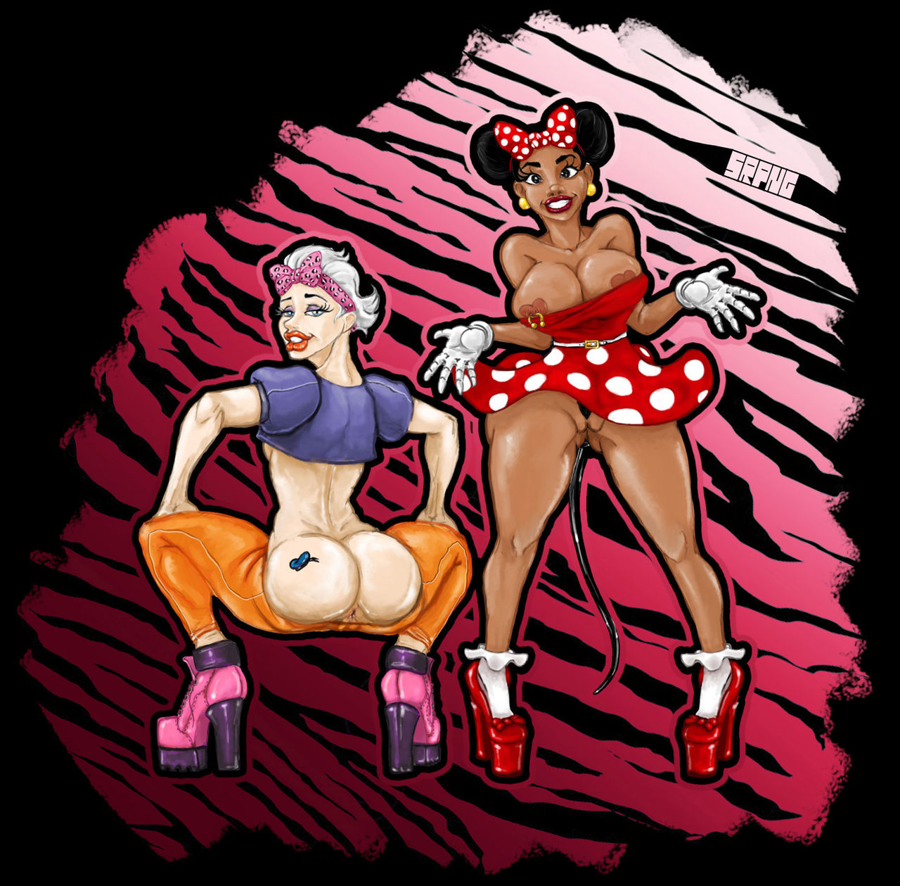 alternate species, big lips, bimbo, breasts, cleavage, crop top, daisy duck, dark skin, dark-skinned female, disney, dress, duo, earrings, female, female only, footwear, full body, gloves, high heels, human, humanized, large breasts, looking back, minnie mouse, nipple piercing, nipple slip, nipples, pants pull, piercing, pussy, red dress, short dress, socks, soft feathers, squatting, srpng, standing, tattoo, white hair