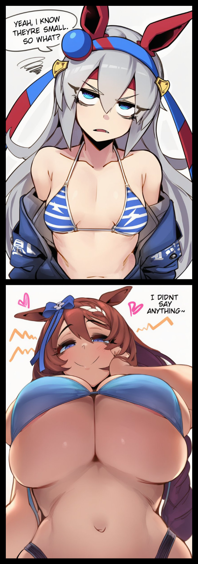 2d, 2girls, 2koma, ai generated, angry, animal ears, annoyed, big breasts, bikini, blue bikini, blue eyes, blue jacket, blush, bow, braid, breast envy, breast size difference, breasts, brown hair, closed mouth, comic, english, english text, female, female only, grey hair, hair between eyes, hairband, hand on own cheek, headband, heart, height difference, horse ears, horse girl, huge breasts, jacket, large breasts, long hair, looking at another, looking at viewer, multiple girls, navel, oerba yun fang, off shoulder, size difference, sloppingslurpie, small breasts, smile, squiggle, striped bikini, striped clothes, super creek (umamusume), swimsuit, tamamo cross (umamusume), text, umamusume, umamusume pretty derby, underboob