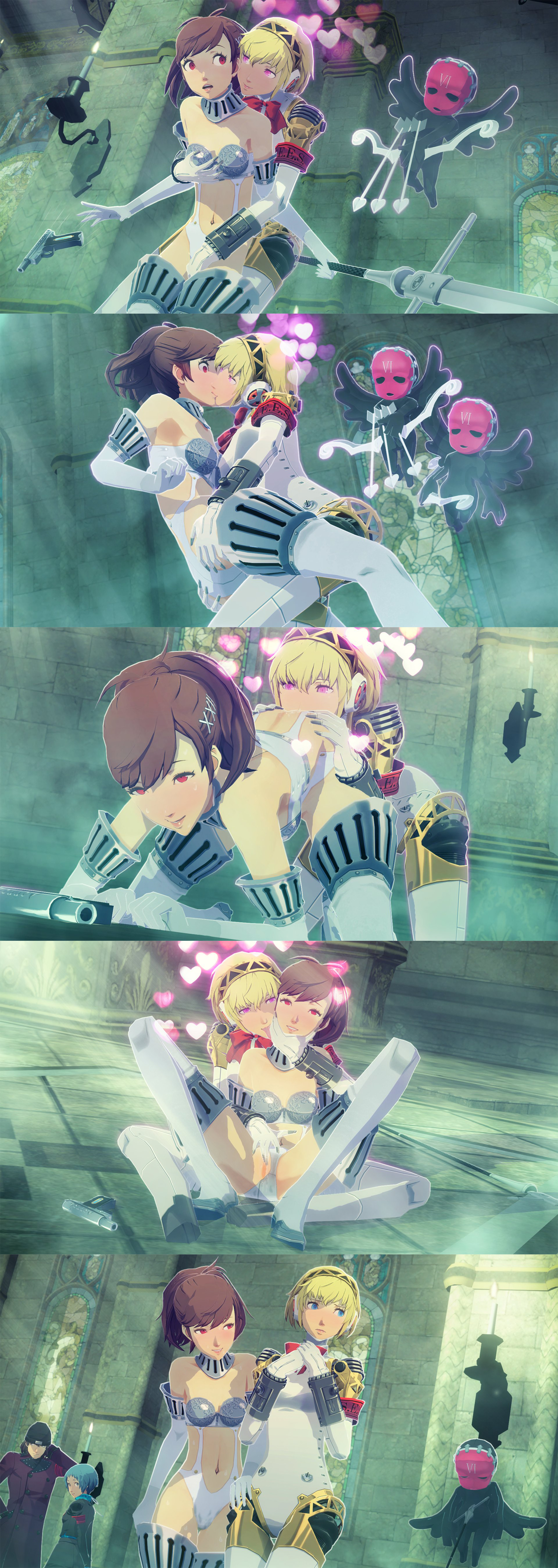 2girls, 3d, aigis (persona), bent over, brainwashing, combat sex, eating pussy, embarrassed, evoker, high-cut armor (persona), kotone shiomi, lesbian, lesbian kiss, lesbian sex, mind control, persona, persona 3, public sex, robot girl, shadow (persona), shinjiro aragaki, uriziel38, yamagishi fuuka, yuri