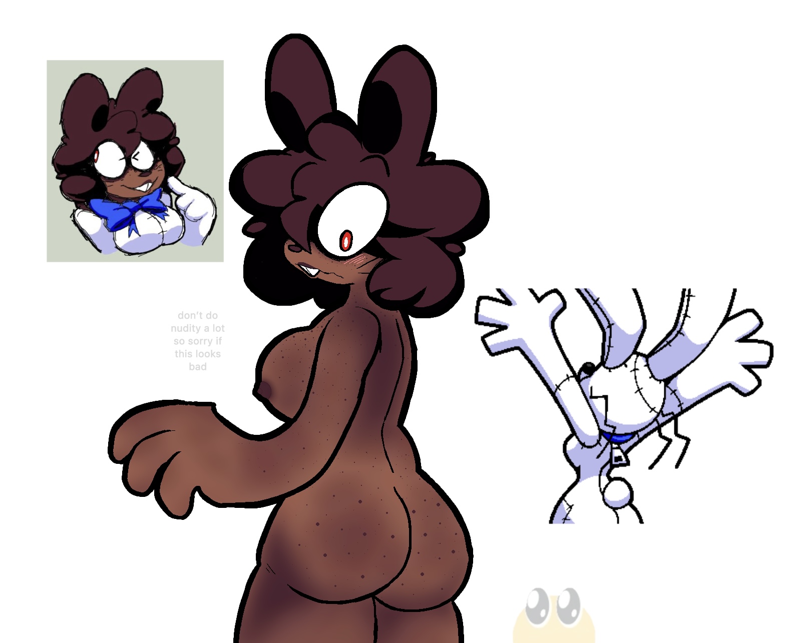 1girl, 1girls, ass focus, brown body, brown hair, brown skin, butt focus, female, five nights at freddy's, five nights at freddy's: security breach, five nights at frickbears, five nights at frickbears 3, freckles, luminousfox, meme in the background, nude female, red eyes, reference image, solo, solo female, tagme, vannabelle (frickbears 3), vanny (fnaf), vanny (frickbears)