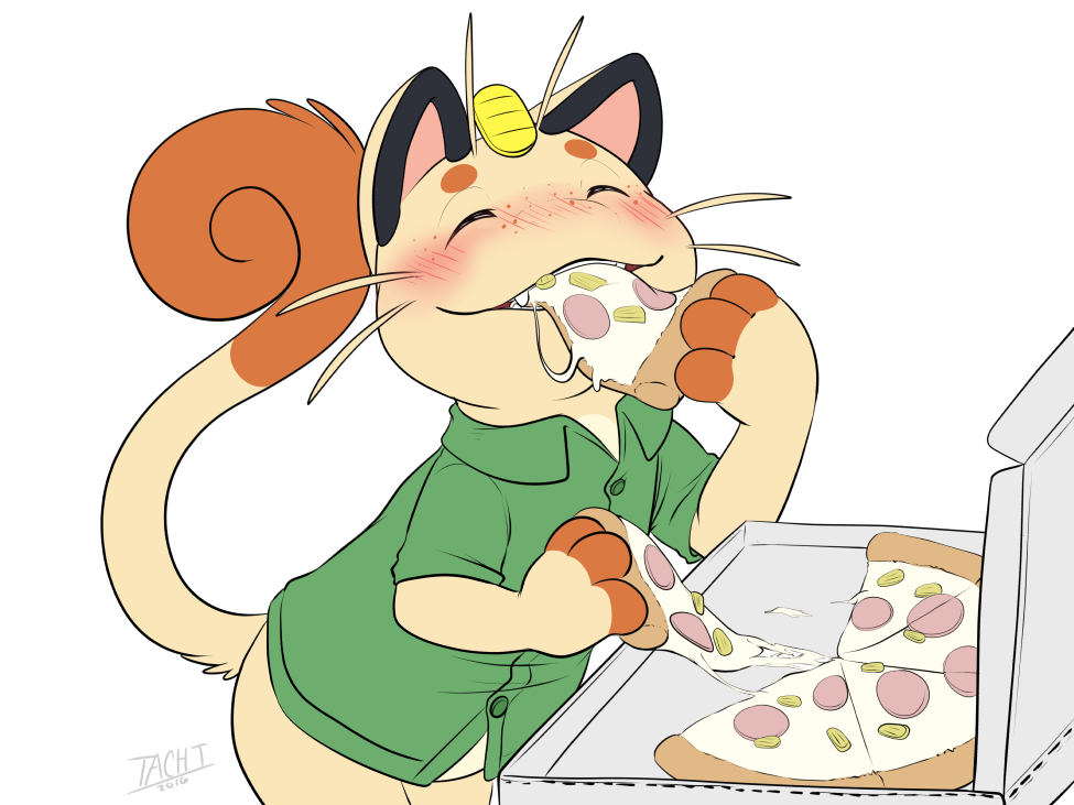 1boy anthro blush bottomless closed_eyes clothed clothing eating feline flat_colors food freckles kaptcha male male_only mammal meowth nintendo pizza pokemon raised_tail signature smile solo tachi_(kaptcha) whiskers