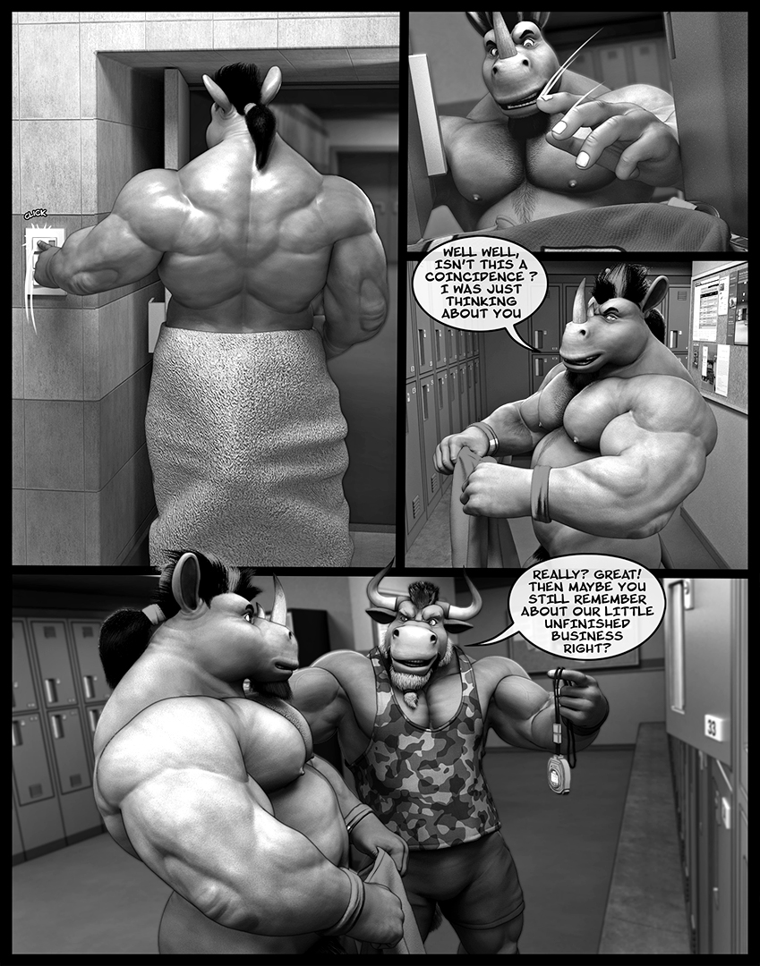 2016 abs biceps bovine braford cattle clothing comic horn invalid_tag locker locker_room male male_only mammal musclegut muscular muscular_male nude pecs penis pubes rhinoceros speech_bubble towel