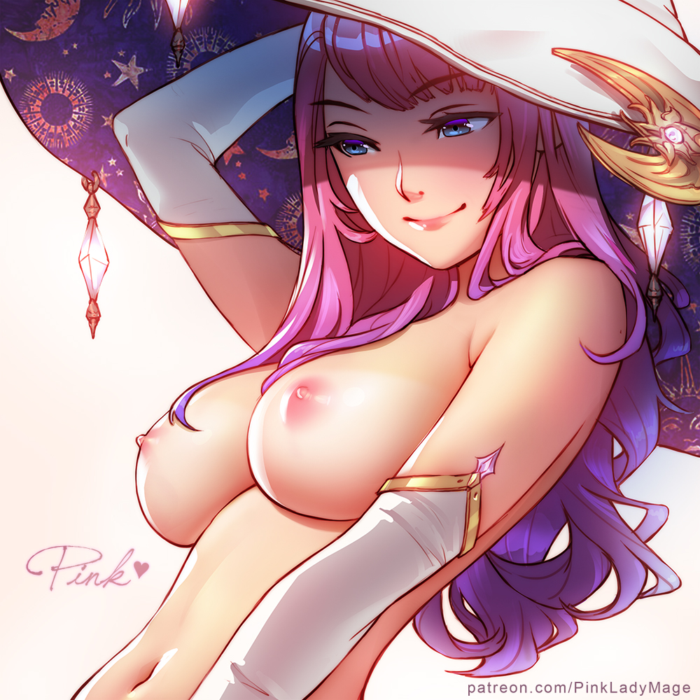 1girls, blue eyes, breasts, elbow gloves, female, female only, gloves, long hair, navel, nipples, nude, original, pink hair, pinkladymage, raised arm, simple background, smile, solo, tanline, white background, white gloves