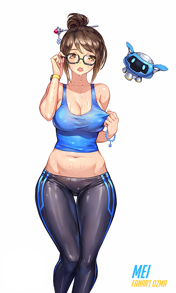 breasts brown_hair cleavage curvy female glasses looking_at_viewer mei_(overwatch) open_mouth overwatch ozma snowball_(overwatch) sweat thick_thighs tight_clothes wide_hips