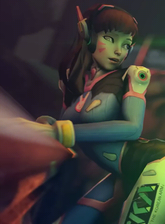 1boy, 3d, animated, arm support, armor, ass, bent over, blurry, bodysuit, bouncing breasts, breasts, brown hair, bubble ass, bubble butt, clothed sex, commentary, d.va, depth of field, doggy style, facial mark, female, fucked silly, genji, gif, glowing, glowing eyes, hand on another's hip, headphones, helmet, heterochromia, highres, jiggle, leaning, long hair, looking at another, looking back, male, moneyshot, overwatch, penis, power armor, seamless loop, sex, source filmmaker, standing, straight