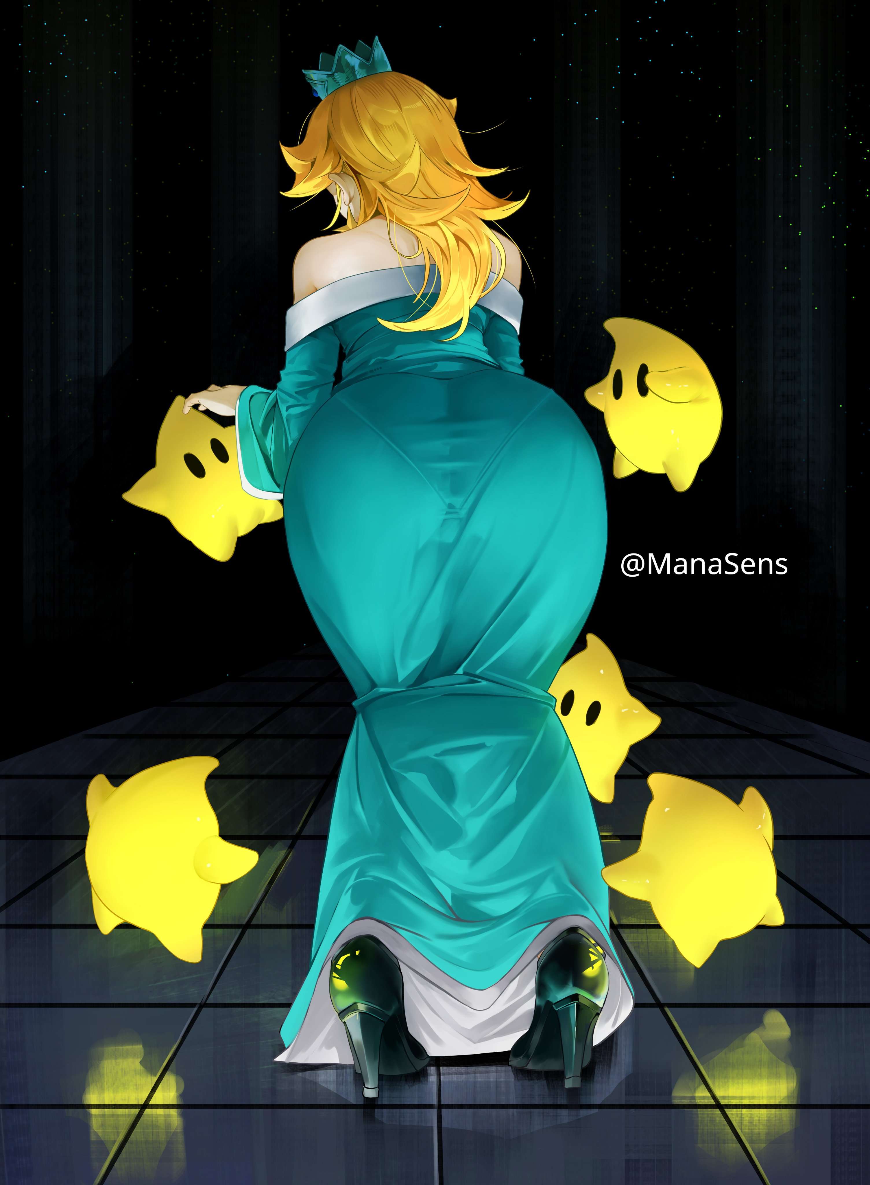 1girl, 1girls, absurdres, aqua dress, ass, ass focus, ass in dress, bare shoulders, bent over, big ass, big butt, blonde hair, butt, butt focus, butt in dress, crown, dark background, dress, earrings, female, female only, from behind, full body, high heels, highres, huge ass, huge butt, jewelry, large ass, large butt, long hair, long sleeves, luma, mana (manasenshou), mario (series), nintendo, off shoulder, off-shoulder dress, pantylines, princess rosalina, reflective floor, rosalina, silver crown, star (sky), star (symbol), super mario bros., super mario galaxy, tagme