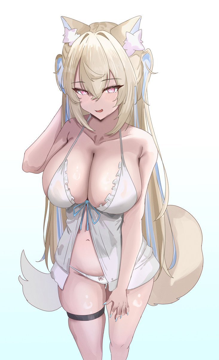 adjusting hair, blush, collarbone, fang, fuwawa abyssgard, hand on thigh, hololive, hololive english, huge breasts, nightgown, one arm up, panties, sasaki ikuya, smile, thigh strap, virtual youtuber
