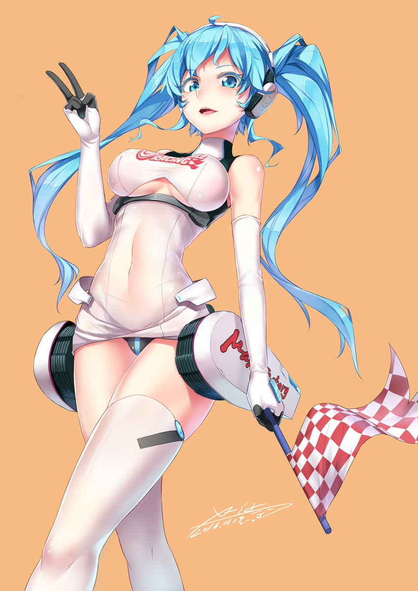 2016 aqua_eyes aqua_hair arm_at_side artist_request bangs black_panties breasts clothes_writing colored_eyelashes covered_navel dated dress elbow_gloves female flag gloves hatsune_miku long_hair looking_at_viewer medium_breasts microdress navel orange_background panties race_queen racing_miku see-through signature simple_background skin_tight skindentation smile smiley_face solo thighhighs tied_hair tight_clothes turtleneck twintails underboob underwear vocaloid walking white_gloves white_legwear