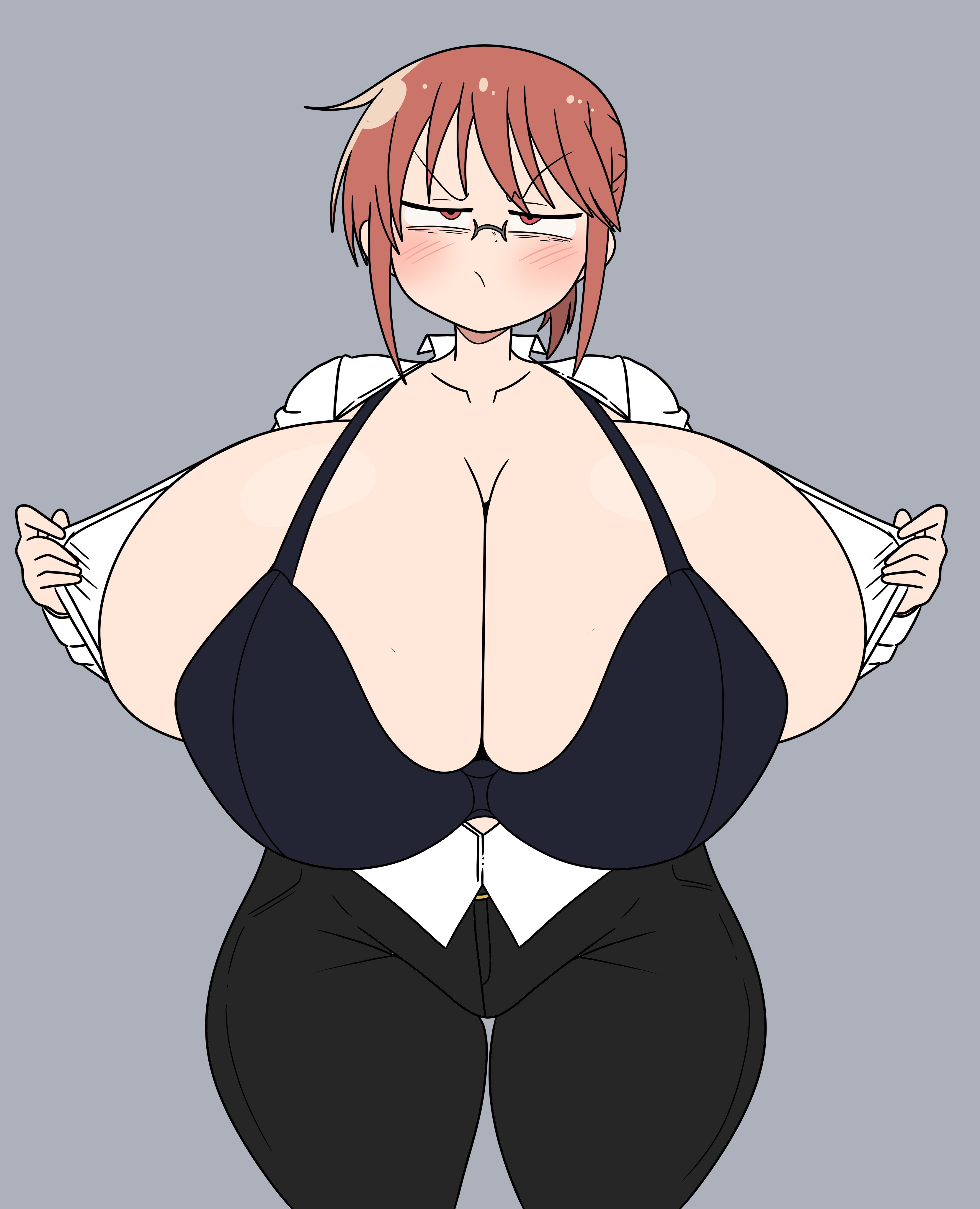 1girls, alternate breast size, big breasts, blush, blush lines, bra, breasts, eyebrows, eyebrows visible through hair, female, female focus, female only, flashing, flashing breasts, glasses, huge breasts, inakotho, kobayashi, large ass, looking at viewer, miss kobayashi's dragon maid, nipple bulge, office lady, pink hair, ponytail, red hair, solo, solo female, solo focus, thick thighs, top heavy